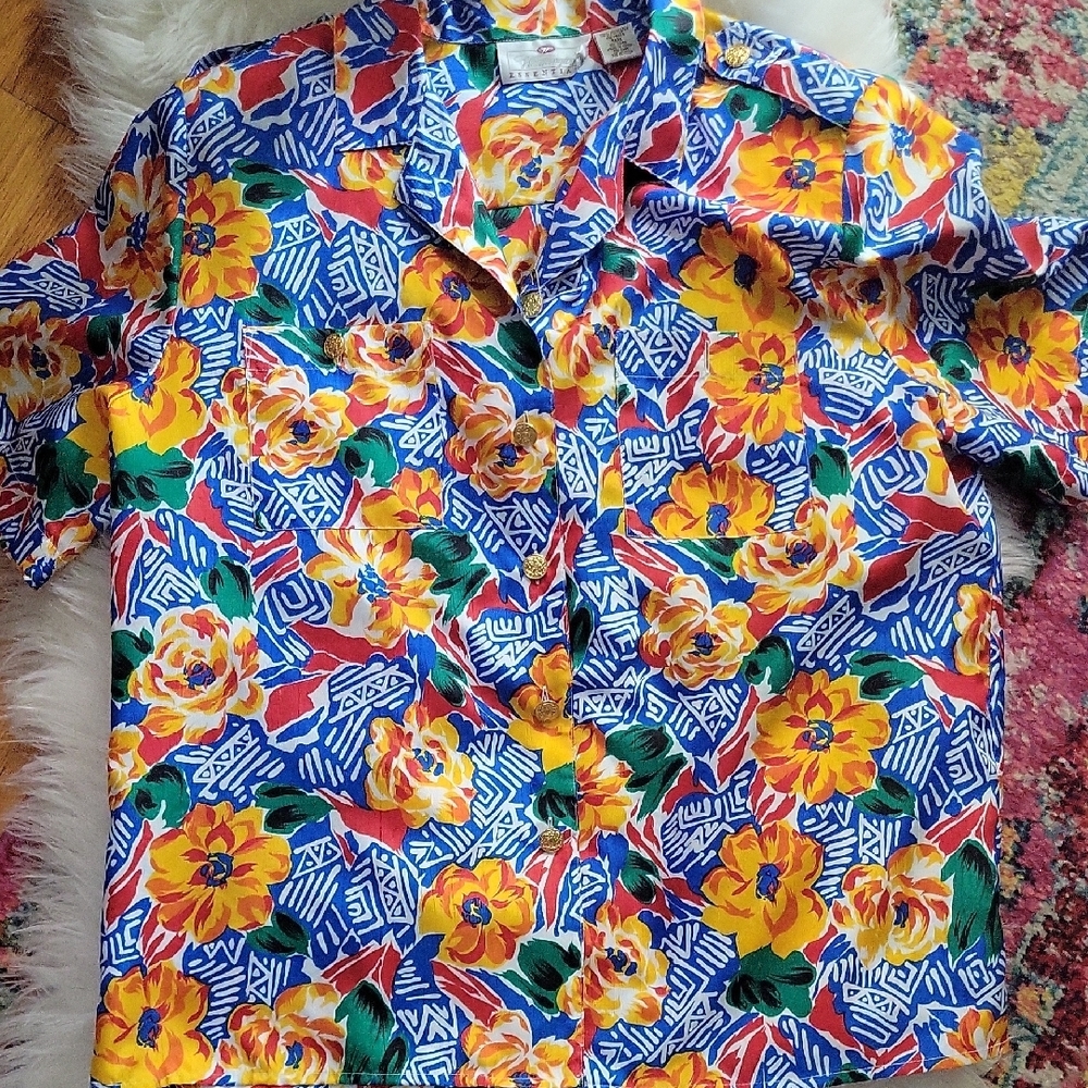 Vintage Worthington Essentials Blue and Yellow Blouse Vibrant Top